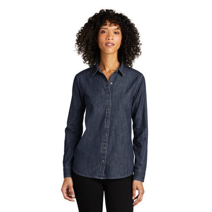 NEW - Port Authority® Ladies Long Sleeve Perfect Denim Shirt - Dark Wash