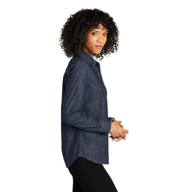 NEW - Port Authority® Ladies Long Sleeve Perfect Denim Shirt - Dark Wash