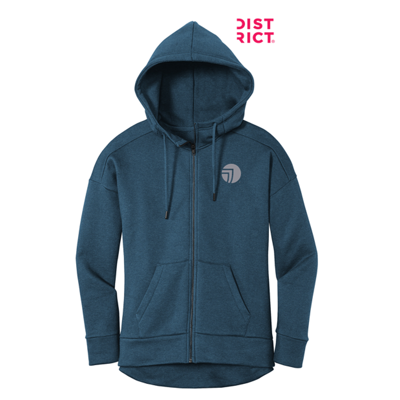 NEW SEI-District® Women’s Perfect Weight® Fleece Drop Shoulder Full-Zip Hoodie-Heathered Poseidon Blue