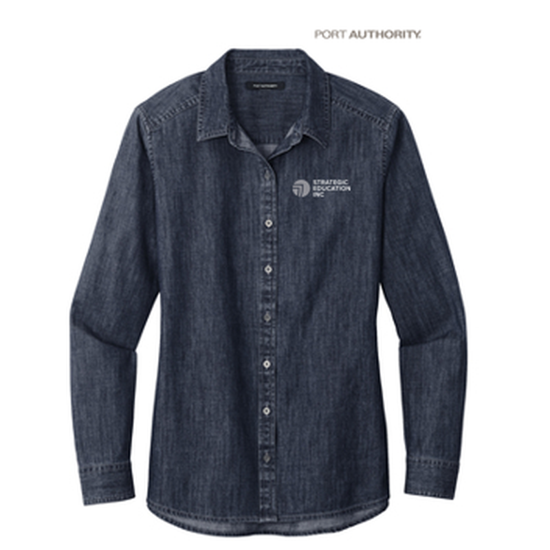 NEW - Port Authority® Ladies Long Sleeve Perfect Denim Shirt - Dark Wash