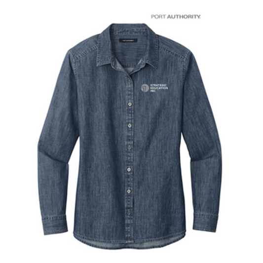 NEW - Port Authority® Ladies Long Sleeve Perfect Denim Shirt - Medium Wash