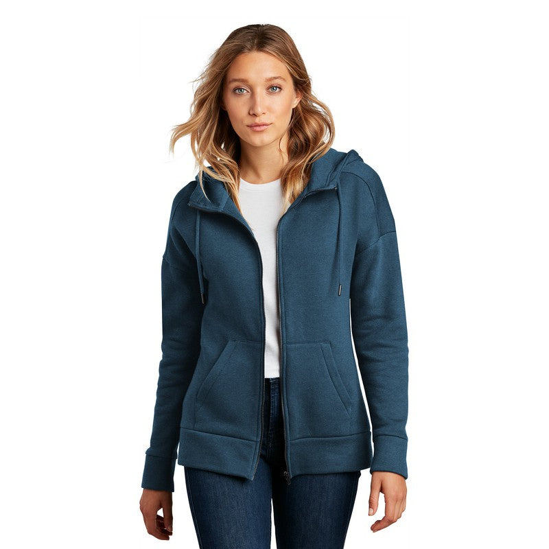 NEW SEI-District® Women’s Perfect Weight® Fleece Drop Shoulder Full-Zip Hoodie-Heathered Poseidon Blue